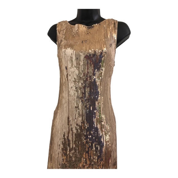 Nanette lepore gold Sequin Fringe flapper style low cut back Midi-Dress size 10 - Picture 9 of 15